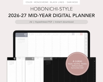 Hobonichi-style 2026-2027 mid-year digital planner | Monthly, Weekly (vertical) | Hyperlinked PDF