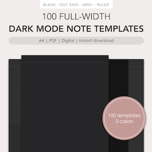 May include: A digital download of 100 dark mode note templates in A4 size. The templates include blank, dot grid, grid, and ruled paper styles. The image shows three different templates: a ruled page, a grid page, and a blank page. The text "100 templates 3 colors" is visible in a pink circle.