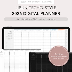 Może przedstawiać: Cyfrowy planer JIBUN TECHO-STYLE na rok 2026 w trybie monochromatycznym i ciemnym, w formacie A4. Zawiera widoki roczne, miesięczne i tygodniowe, z opcjami rozpoczęcia w niedzielę i poniedziałek. Obraz pokazuje trzy opcje kolorystyczne.