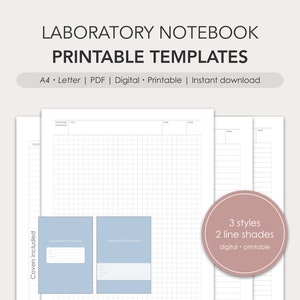 Pode incluir: Modelos de caderno de laboratório imprimíveis nos tamanhos A4 e Carta. Os modelos apresentam três estilos diferentes com duas tonalidades de linha. Os modelos são digitais e imprimíveis.