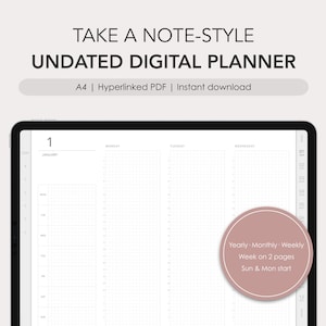 Planner digitale non datato in stile Take A Note / Mensile, Settimanale / PDF con collegamento ipertestuale