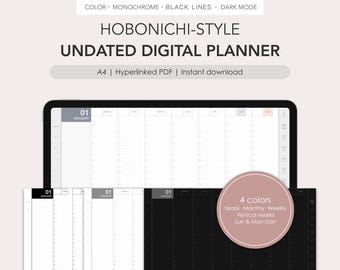 Hobonichi-style undated digital planner | Monthly, Weekly (vertical) | Hyperlinked PDF