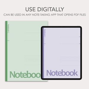 Pu&ograve; includere: Due pagine di quaderno digitale, una verde e una viola, con la parola "Notebook" stampata su ogni pagina. Il testo "USE DIGITALLY" &egrave; nella parte superiore dell'immagine. Il testo "CAN BE USED IN ANY NOTE-TAKING APP THAT OPENS PDF FILES" &egrave; sotto il titolo.