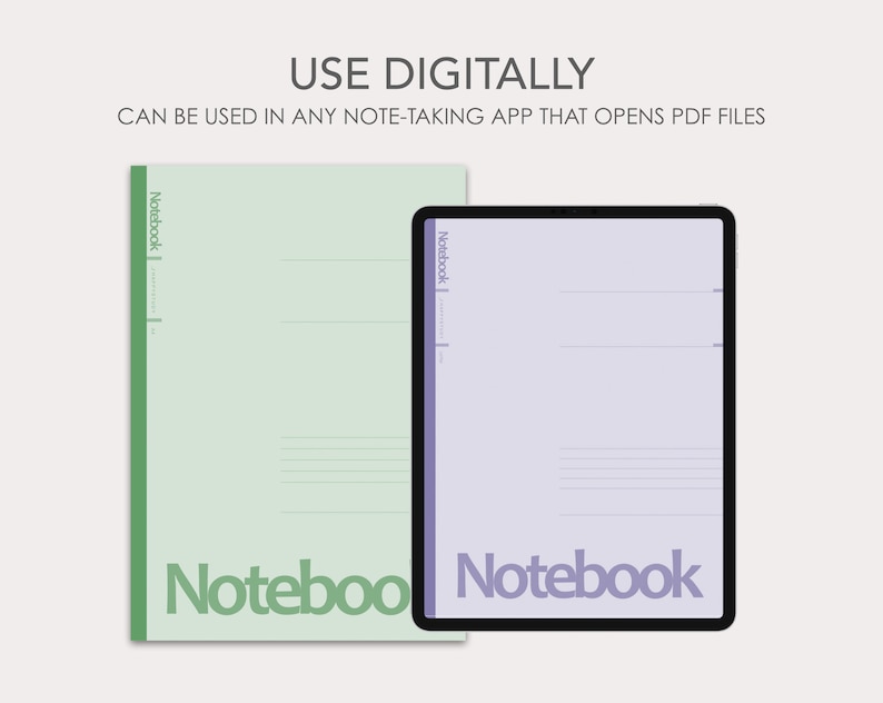 Pu&ograve; includere: Due pagine di quaderno digitale, una verde e una viola, con la parola "Notebook" stampata su ogni pagina. Il testo "USE DIGITALLY" &egrave; nella parte superiore dell'immagine. Il testo "CAN BE USED IN ANY NOTE-TAKING APP THAT OPENS PDF FILES" &egrave; sotto il titolo.