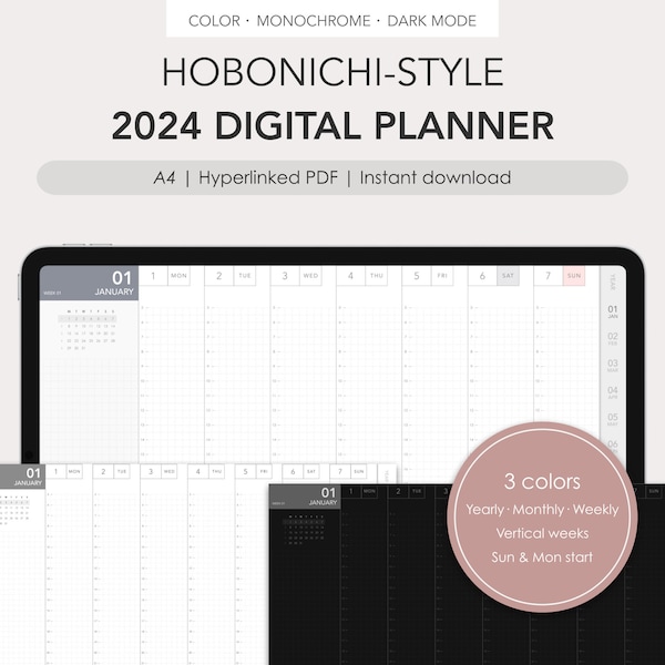 Hobonichi-style 2024 digital planner | Monthly, Weekly (vertical) | Hyperlinked PDF