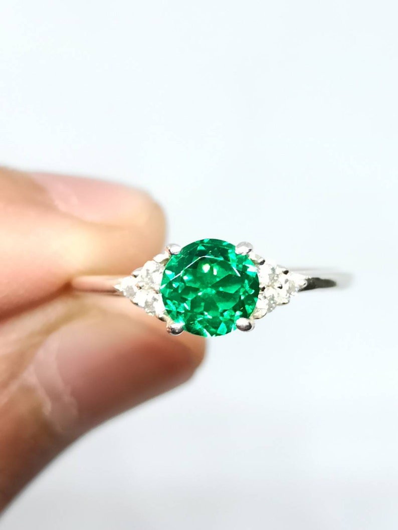 ,Ring Size 6 Lab Created Emerald Ring Lab Created Emerald Gemstone with Zircion