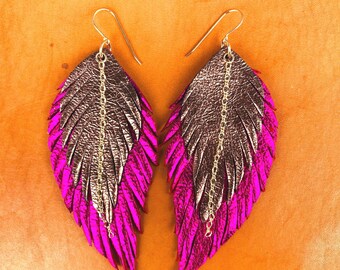Leather Feather Earrings with 14 karat GOLD filled chains, hoops & rings, rose gold and magenta pink, genuine leather handmade 4inch dangles