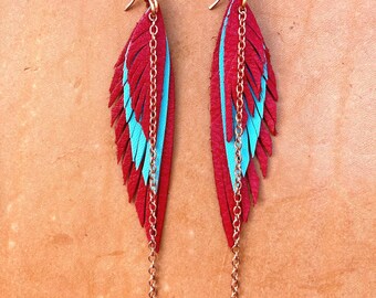 Leather Feather Earings with pure copper rings, chains & hoops. Red and turquoise genuine leather. Southwest. Boho. one of a kind. Cowgirl