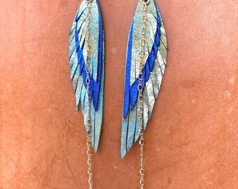 Leather Feather Earrings with 14k GOLD filled chains, hoops & rings, shimmering  blue, gold teal verigated hues, genuine leather  southwest