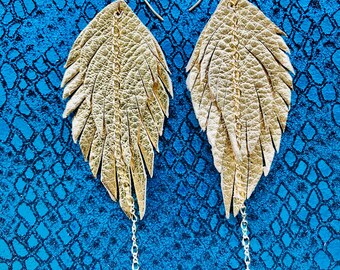 Crackle Gold Leather Feather Earrings, 14k Gold Filled Chains, Boho Dangles