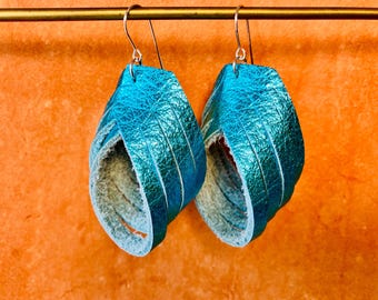 Leather Hoop Earrings 14 karat GOLD filled or sterling silver wires genuine leather  Western style metallics  Boho cowgirl  2 in dangles