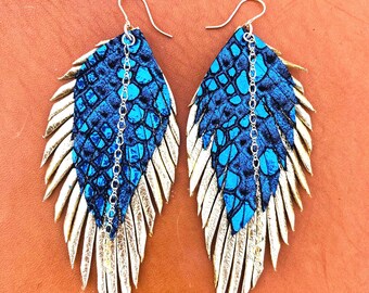 Leather Feather Earrings with 14 karat GOLD filled chains, hoops & rings, gold and mermaid blue genuine leather handmade 4inch dangles