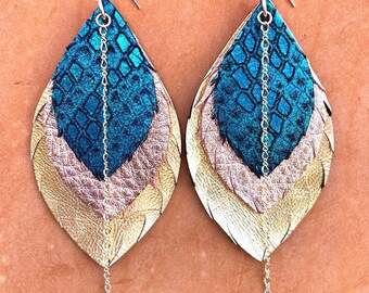 Leather Feather Earrings with 14k GOLD filled chains, hoops & rings, rose gold, mermaid teal and golden genuine leather peacock dangles