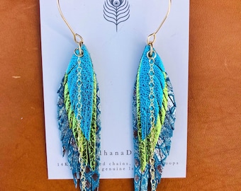Leather Feather Wing Earrings with 14k GOLD filled chains, hoops & rings, emerald green and crackle blue, handmade, dangles Southwest Boho