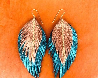 Leather Feather Earrings with 14 karat GOLD filled chains, hoops & rings, rose gold and mermaid teal, genuine leather handmade 4inch dangles