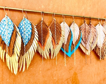 Leather Feather Earrings 14 karat GOLD filled, or copper trimmings made from genuine leather and suede WESTERN style metallics BOHO Cowgirl