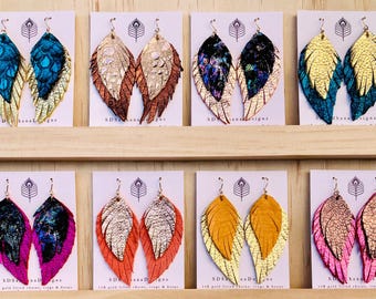 Leather Feather Earrings with 14 karat GOLD filled or Sterling Silver hoops & genuine leather and suede Western BOHO metallic w/ variations