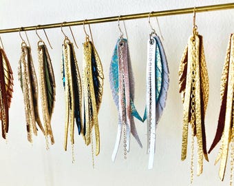 Leather Feather Earrings 14 karat GOLD filled or Sterling Silver chains & rings genuine leather and suede WESTERN style metallics variations