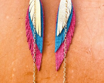 Leather Feather Dangle earrings with 14k GOLD filled chains, hoops & rings ~ teal, pink and gold, freshwater Pearl Genuine leather Southwest