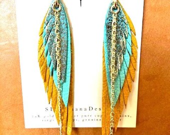 Leather Feather Dangle earrings with 14k GOLD filled chains, hoops & rings ~ teal and goldenrod hues, Genuine leather Southwest