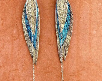 Leather Feather Dangle Earrings with 14k GOLD filled chains, hoops & rings ~teal and golden, freshwater Pearl  and agate ~ Genuine leather