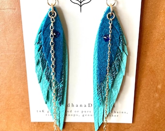 Leather Feather Dangle earrings with 14k GOLD filled chains, hoops & rings ~ teal and blue hues, blue Sapphire Genuine leather Southwest