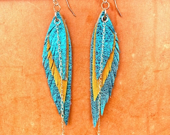 Leather Feather Dangle earrings with 14k GOLD filled chains, hoops & rings ~ teal and goldenrod hues, Genuine leather Southwest