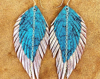 Leather Feather Earrings with 14 karat GOLD filled chains, hoops & rings, rose gold and mermaid teal genuine leather handmade 4inch dangles