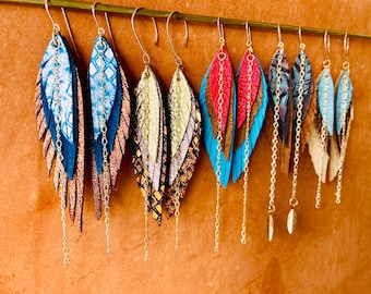 Leather Feather Earrings 14 karat GOLD filled or Sterling Silver chains & hoops genuine leather and suede WESTERN style BOHO Cowgirl wings