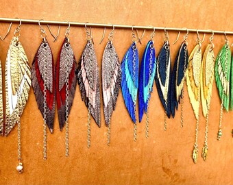 Leather Feather Earrings 14 karat GOLD filled chains hoops & rings genuine leather variations BOHO Cowgirl Southwest wings Freshwater pearls