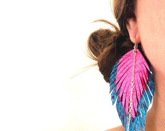 Leather Feather Earrings with 14 karat GOLD filled chains, hoops & rings, magenta and mermaid teal, genuine leather handmade 4inch dangles