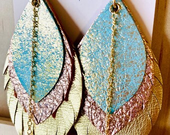 Leather Dangle Earrings with 14k GOLD filled chains, hoops & rings, rose gold, mermaid blue and golden genuine leather hand cut jewelry