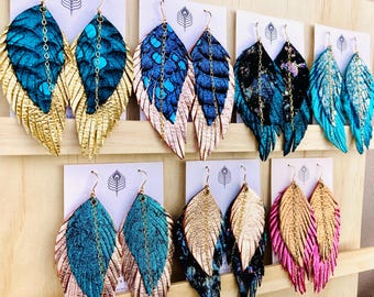 Leather Feather Earrings 14 karat GOLD filled chains & hoops genuine leather and suede WESTERN style metallics WINGS Gorgeous 4 in dangles
