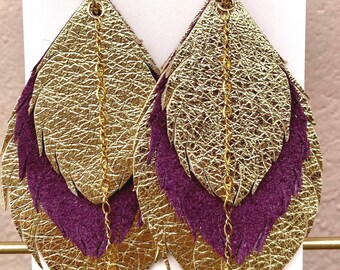 Leather feather Earrings 14k GOLD filled chains, hoops & rings, deep plum and gold genuine leather