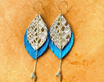 Leather Dangle Earrings with 14k GOLD filled chains, hoops & rings, rose gold python print, mermaid blue,  genuine leather handmade jewelry