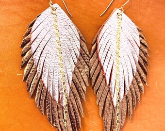 Leather Feather Earrings with 14 karat GOLD filled chains, hoops & rings, rose gold and bronze crackle, genuine leather handmade 4in dangles