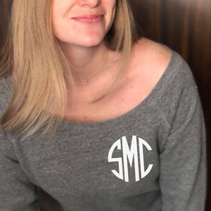 Off Shoulder Monogram Sweatshirt | Slouchy | Wide Neck | Personalized | Boatneck | Made in USA | Custom Gift for Her