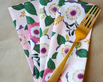 Swan Mill Crepe Napkins with Gold Accents and Blue and Pink Flowers