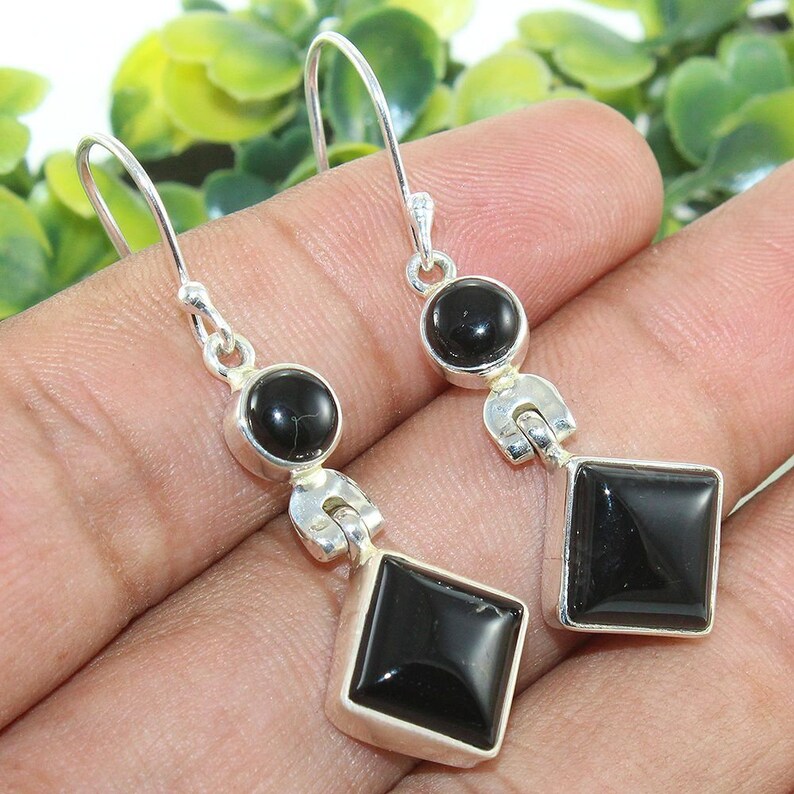 Black Onyx Earring Two Stone Earring Valentine Day Gift For Her Bride Earring 925 Sterling Silver Earring Wedding Gift Earring