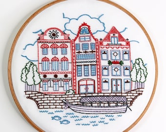 Embroidery Pattern, Canal Homes, Pre Printed Fabric Panel, Stamped Pattern, Beginner Embroidery, Amsterdam, Stitched Stories