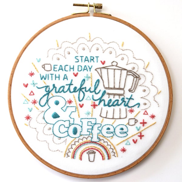 Embroidery Pattern, Coffee Morning Saying, Pre Printed Fabric Panel, Stitched Stories, Stamped Pattern, Beginner Embroidery