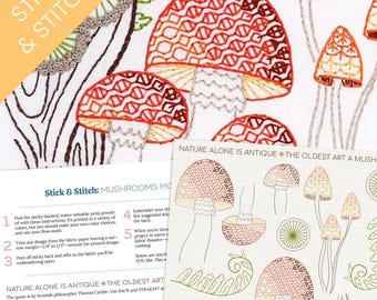 Stick and Stitch Embroidery Pattern, Mushrooms, Fungi, Fern, Stitched Stories, Sulky Fabri-Solvy, Washaway Pattern
