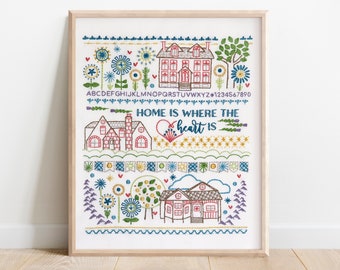 Embroidery Pattern, House Band Sampler, Pre Printed Fabric Panel, Home Saying, Stitched Stories
