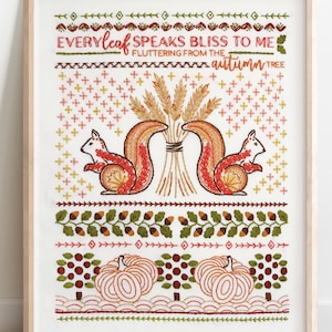Traditional Embroidery Stitch Sampler, Embroidery Kit, Fall, Squirrel, Wheat, Orchard, Hand Embroidery, Pre Printed Fabric Panel Pattern