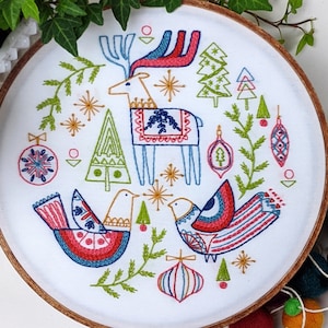 Embroidery Kit, Christmas, Reindeer, Folk Art Bird, Beginner Embroidery, Hostess Gift