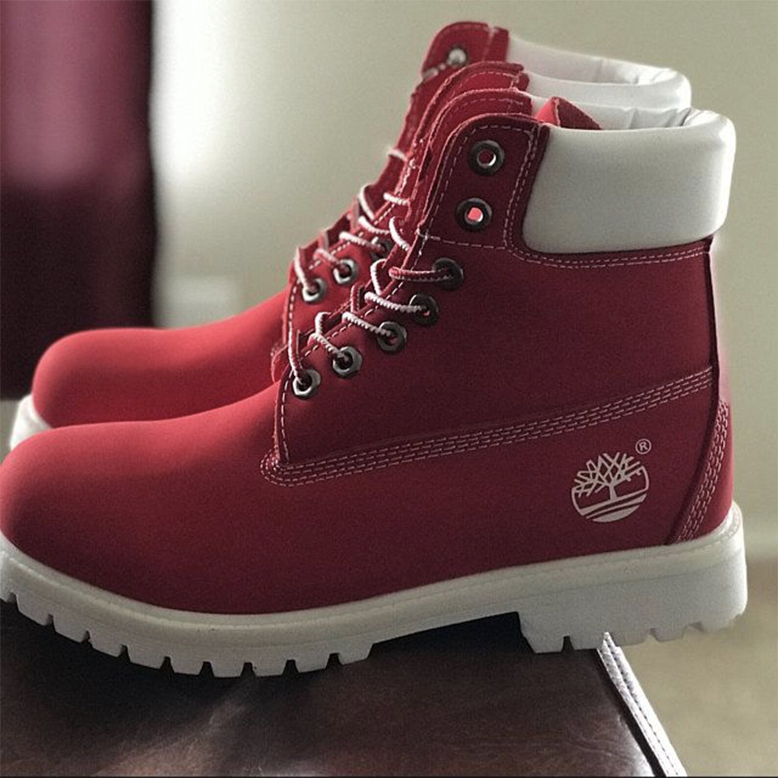 red and white timbs