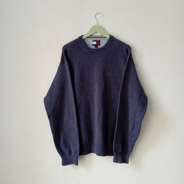 Vintage Tommy Hilfiger Sweater, Knitted sweater Tommy Hilfiger Sweatshirt, Tommy Hilfiger Blue Pullover Size XL