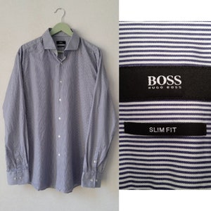 Hugo Boss Striped Button Up shirt, Vintage striped suit formal Long Sleeve Shirt, Slim fit blouse