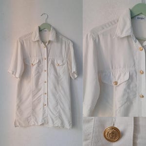 Vintage silk blouse, Beige minimalist silk shirt, seide shirt classic design, Gold Button long sleeve Blouse, Pastel Color Size 36