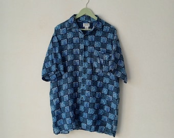 Chemise hawaïenne vintage en soie Aloha à manches courtes, impression d'art graphique abstrait, taille L